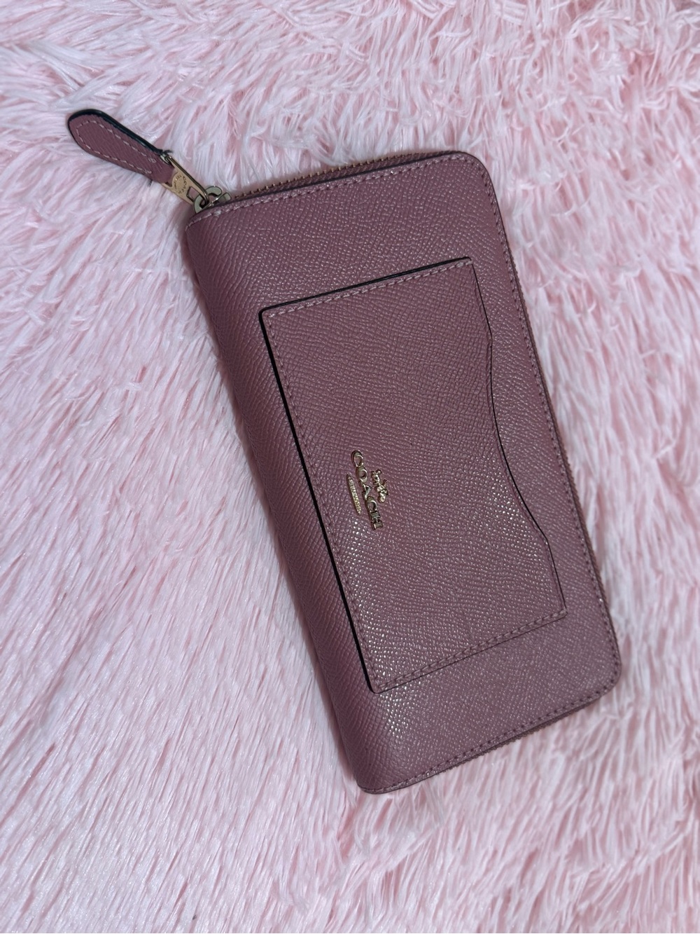 Coach Mauve Zip-Around Leather Wallet with Gold Logo